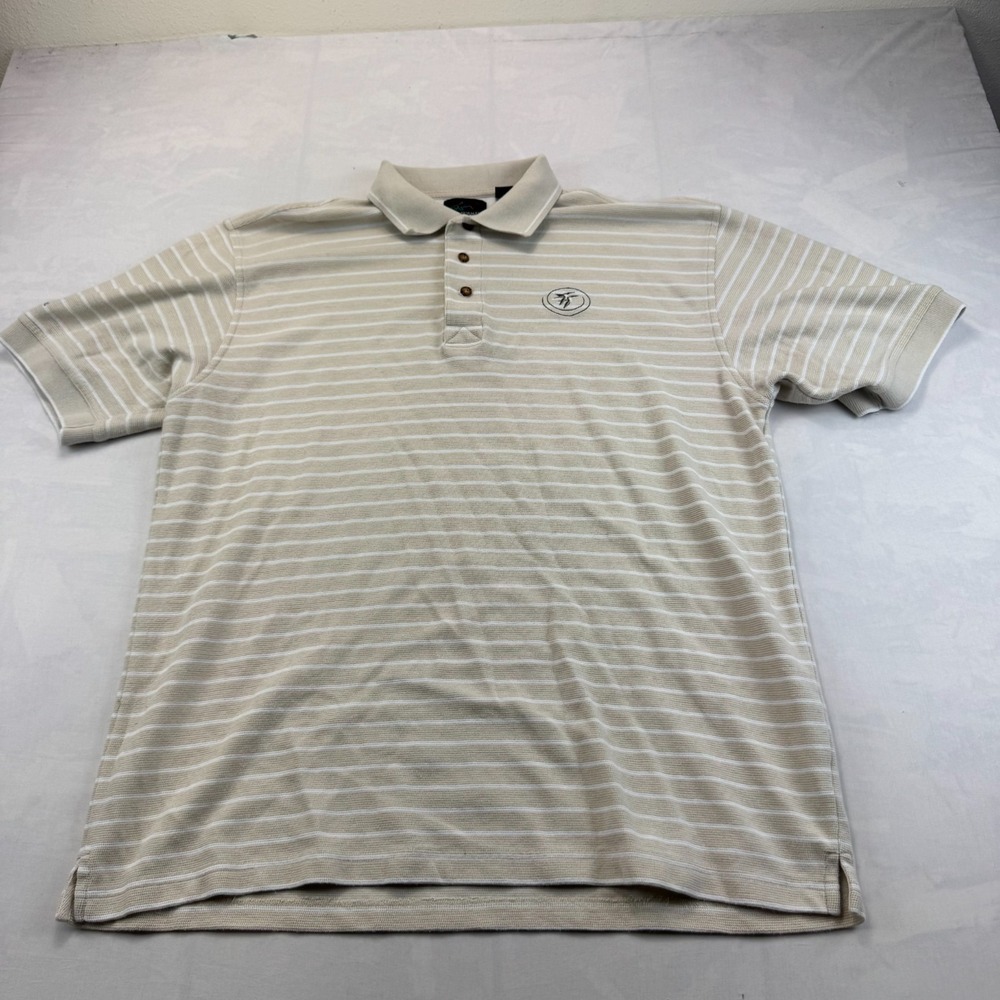 Greg Norman Golf Polo Shirt Mens XL Beige White Striped PlayDry Moisture Wicking